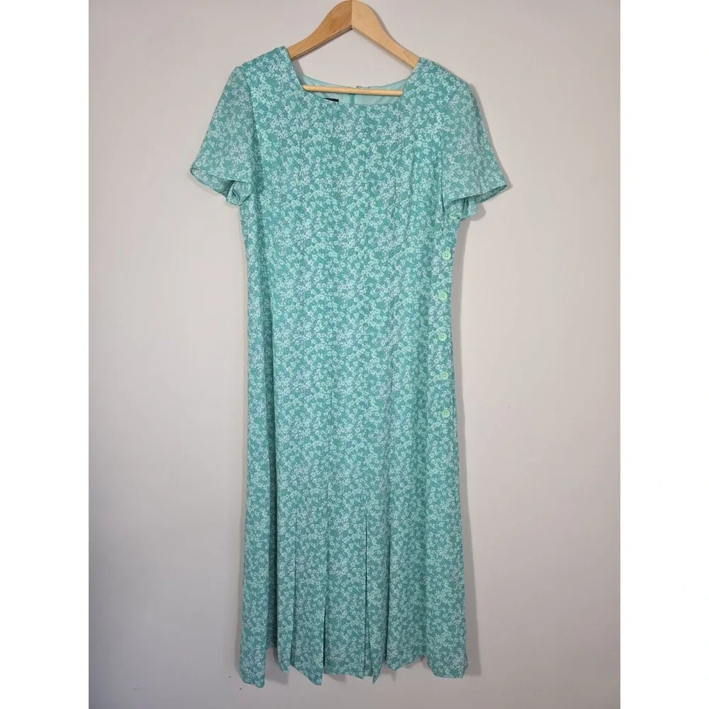 Vintage 90s Leslie Fay Floral Midi Dress Aqua Side Button Cottagecore 10P - Picture 2 of 10